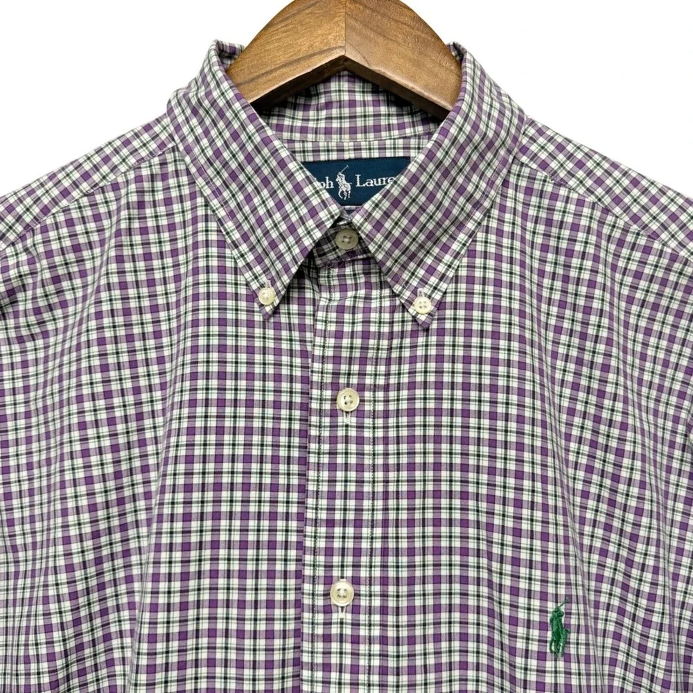 Ralph Lauren Button‎ Down Mens L Purple Green Plaid Classic Fit Long Sleeve Pony